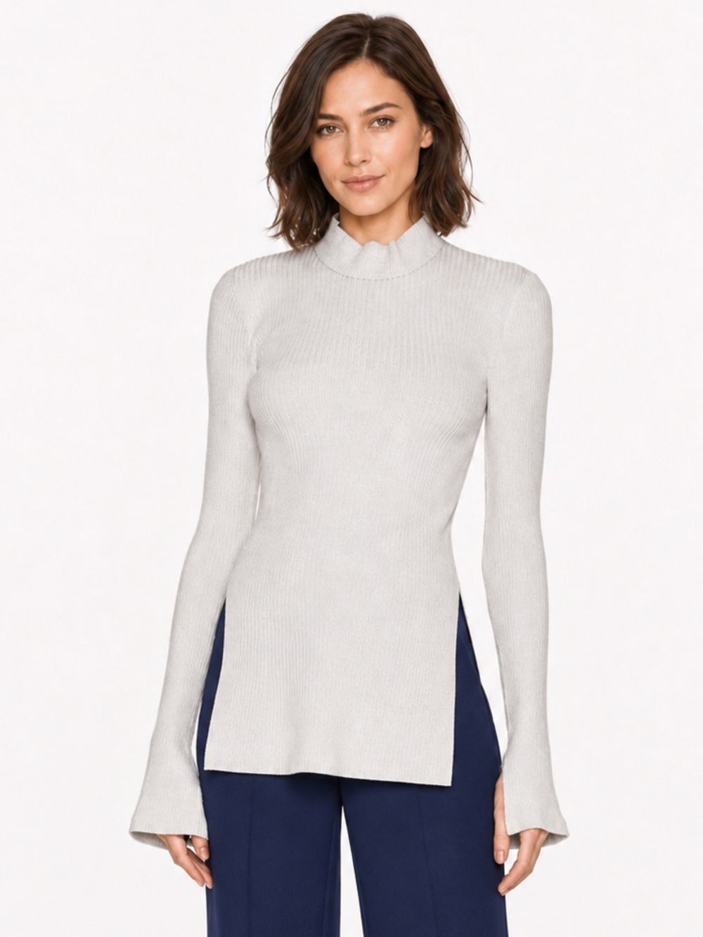 HELMUT LANG Melange Gray Ribbed Turtleneck Deep Side Slit Top LARGE NEW